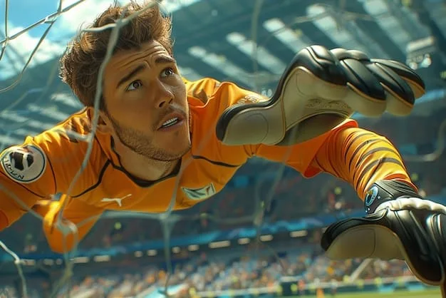 A goalkeeper making a spectacular save during a Champions League match. Focus on the player's athleticism and the intensity of the moment. The team's crest should be visible on the jersey.
