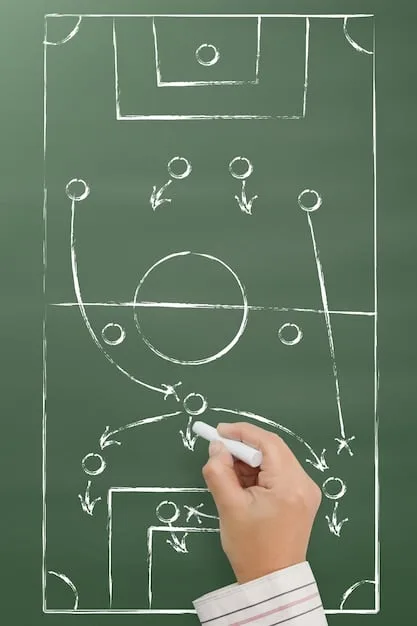A close-up shot of a tactical whiteboard with soccer formations and strategic plays outlined, highlighting attacking formations and defensive countermeasures, representing the evolving tactics in Champions League games.