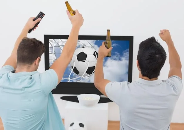 A collage of images showing different ways to watch La Liga matches: a fan streaming on a laptop, a group watching on TV in a sports bar, and another fan watching on a mobile device on the go. The images illustrate the versatility of modern sports broadcasting.