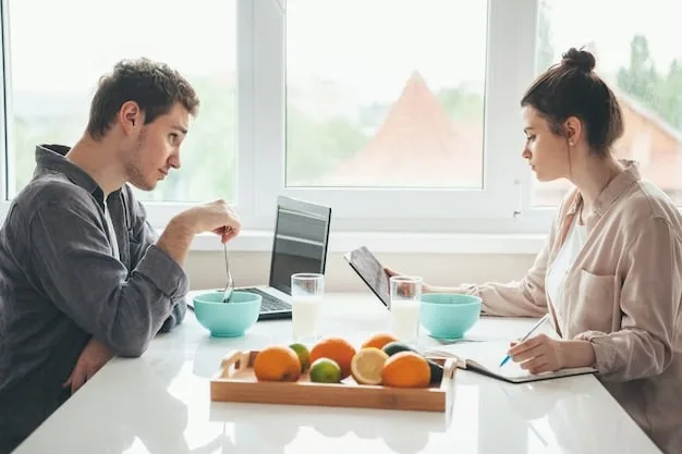 A La Liga nutritionist meeting with a football star to discuss a customized meal plan. Focus on healthy food choices, supplements, and hydration strategies. The setting is a modern kitchen and dining area.