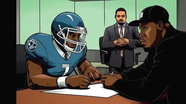 Close-up of a young MLS player signing a contract with his team, with the team's general manager and coach smiling in the background. The focus is on the player's determination and the team's investment in his future. The image captures the essence of the U-22 initiative and its impact on individual players.