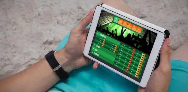 A close up of a tablet screen displaying detailed player statistics and an algorithm suggesting potential captain choices based on factors like form, opponent, and home/away advantage. The background shows a blurred image of a football stadium.