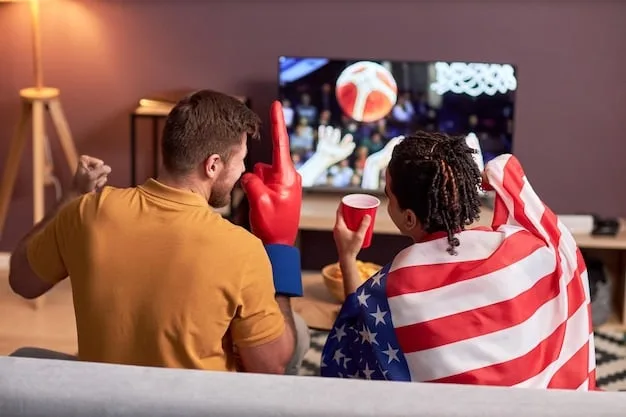 A close-up shot of an American family excitedly watching a Premier League game on their large-screen TV in their living room, with snacks on the table and team jerseys on display, capturing the family-friendly appeal of the sport.