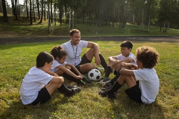 A group of young soccer players training on a field, with a coach guiding them. The image should convey a sense of teamwork, dedication, and skill development.