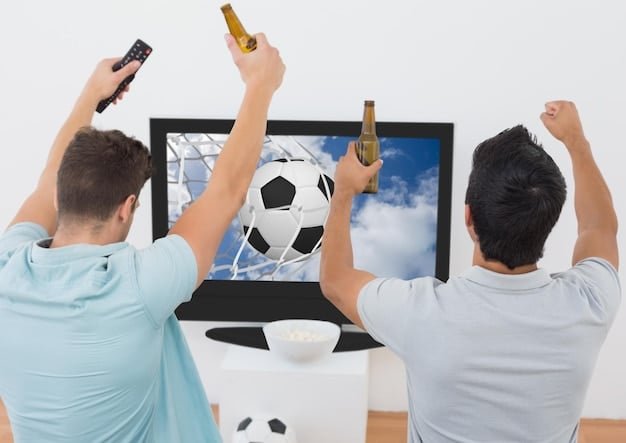 A collage of images showing different ways to watch La Liga matches: a fan streaming on a laptop, a group watching on TV in a sports bar, and another fan watching on a mobile device on the go. The images illustrate the versatility of modern sports broadcasting.