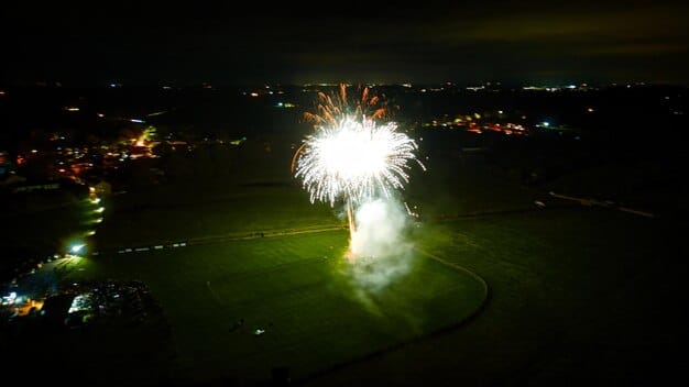Aerial view of an MLS stadium during a night game, with fireworks exploding above the field and the crowd cheering. The stadium is brightly lit, and the scene captures the excitement and energy of a major sporting event.