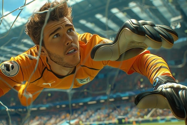 A goalkeeper making a spectacular save during a Champions League match. Focus on the player's athleticism and the intensity of the moment. The team's crest should be visible on the jersey.
