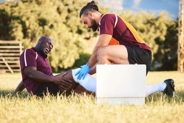 Close-up shot of a team doctor tending to a player on the field during a Champions League match. The player is visibly in discomfort, and the doctor is focused and concerned. The background is slightly blurred to draw attention to the medical attention being administered.