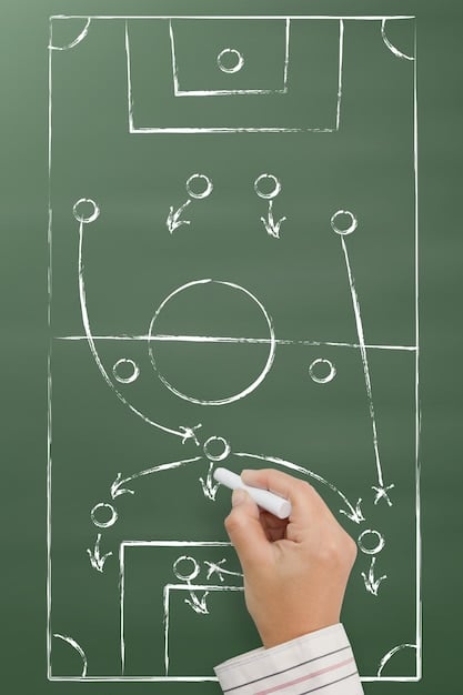 A close-up shot of a tactical whiteboard with soccer formations and strategic plays outlined, highlighting attacking formations and defensive countermeasures, representing the evolving tactics in Champions League games.