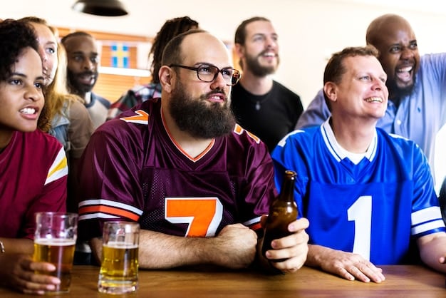 A photograph of a local Premier League supporters club meeting at a pub in the US. Fans are wearing team jerseys and scarves, gathered around tables, watching a match on TV, and enjoying food and drinks while cheering on their team.