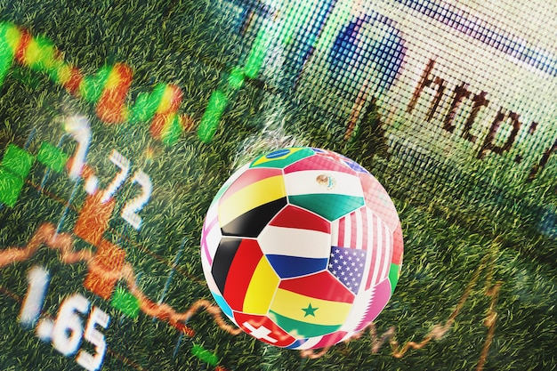 A digital composite image showcasing various elements of football finance. In the center, a football is overlaid with a graph representing financial growth. Surrounding the ball are images of money, contracts, and a handshake between a player and a club representative, symbolizing the negotiation and agreement of a transfer deal. The overall tone is professional and analytical.