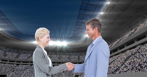An image depicting a top Premier League manager shaking hands with a newly signed player in front of a stadium, symbolizing successful squad enhancement.
